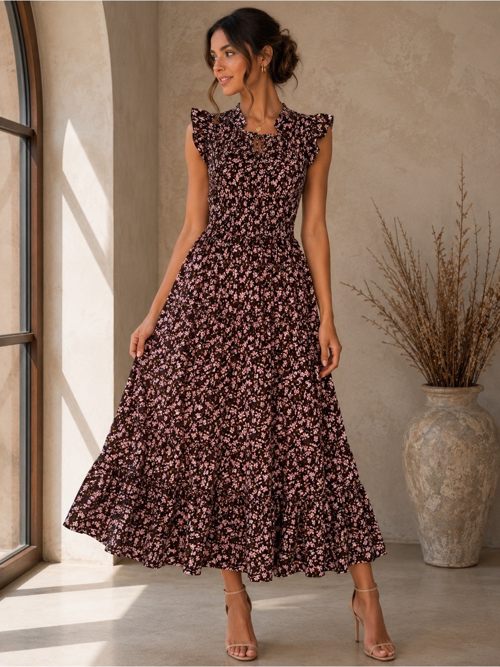 Caroline Constas Floral Tiered Smocked Maxi Dress in Black and Pink